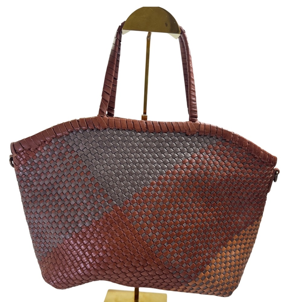 Woven Leather Tote Bag Brown Multi-Tone Handcrafted Shoulder Bag RN 75343